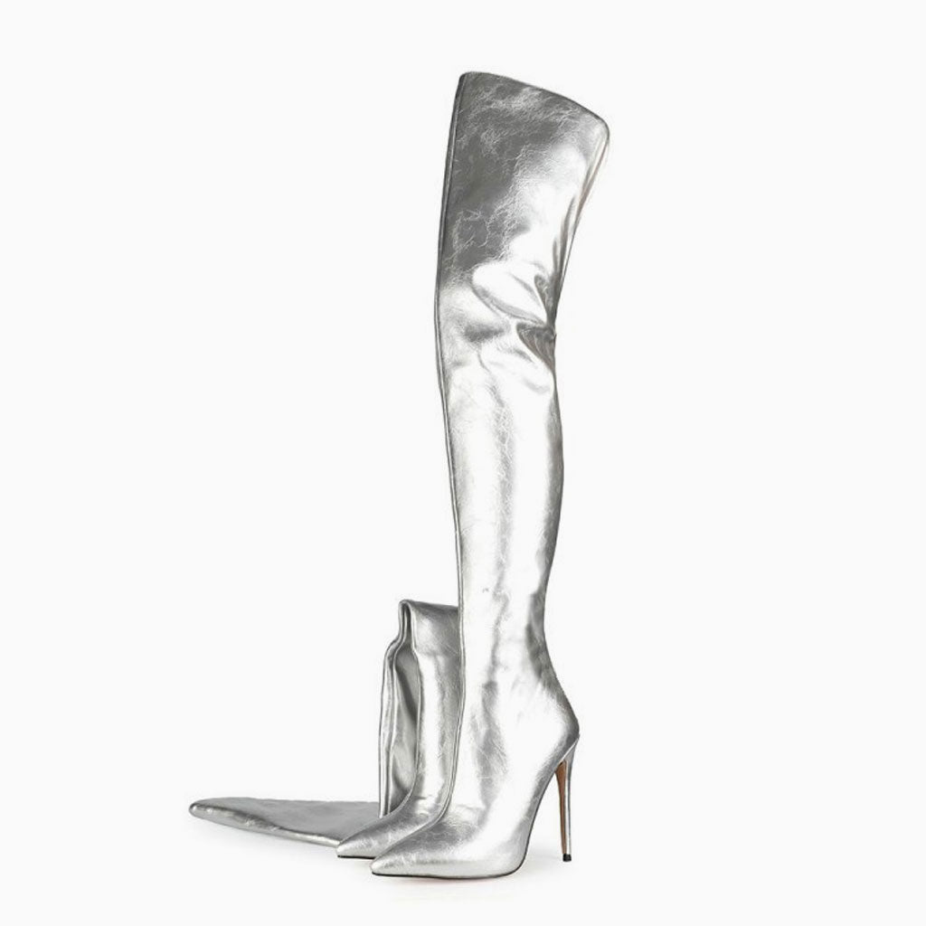 Stylish Pointed Toe Faux Leather Over Knee Stiletto Boots - Silver