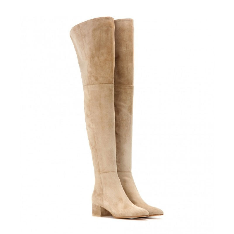 Stylish Round Toe Low Block Heeled Suede Over Knee Boots - Apricot