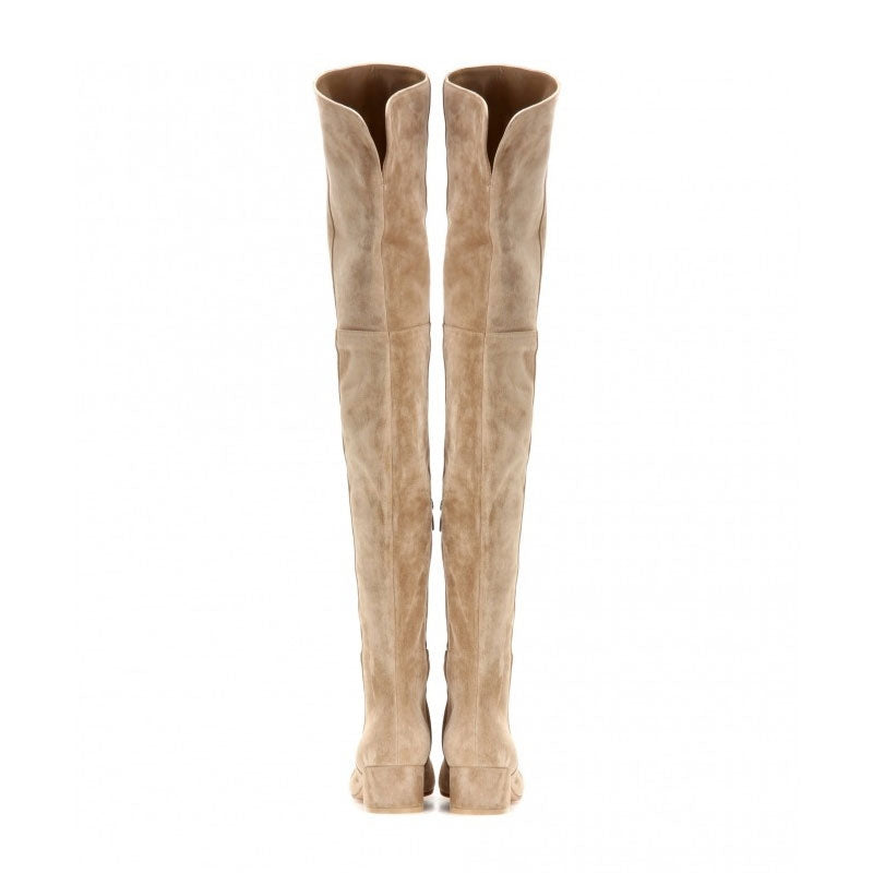 Stylish Round Toe Low Block Heeled Suede Over Knee Boots - Apricot