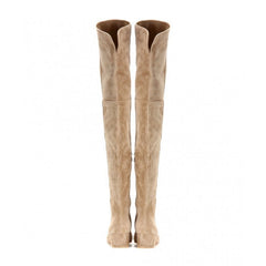 Stylish Round Toe Low Block Heeled Suede Over Knee Boots - Apricot