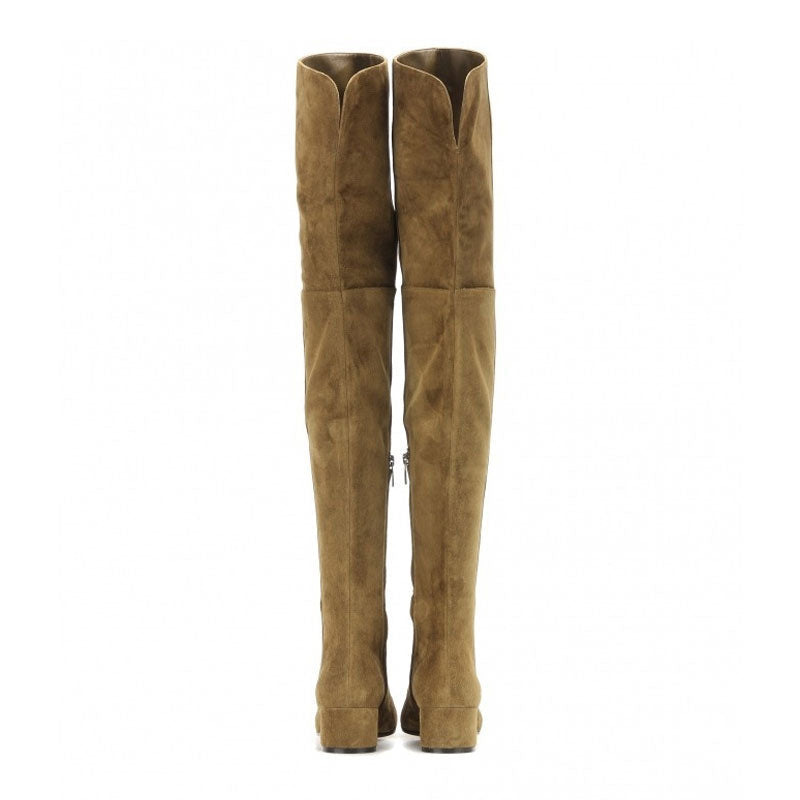 Stylish Round Toe Low Block Heeled Suede Over Knee Boots - Khaki