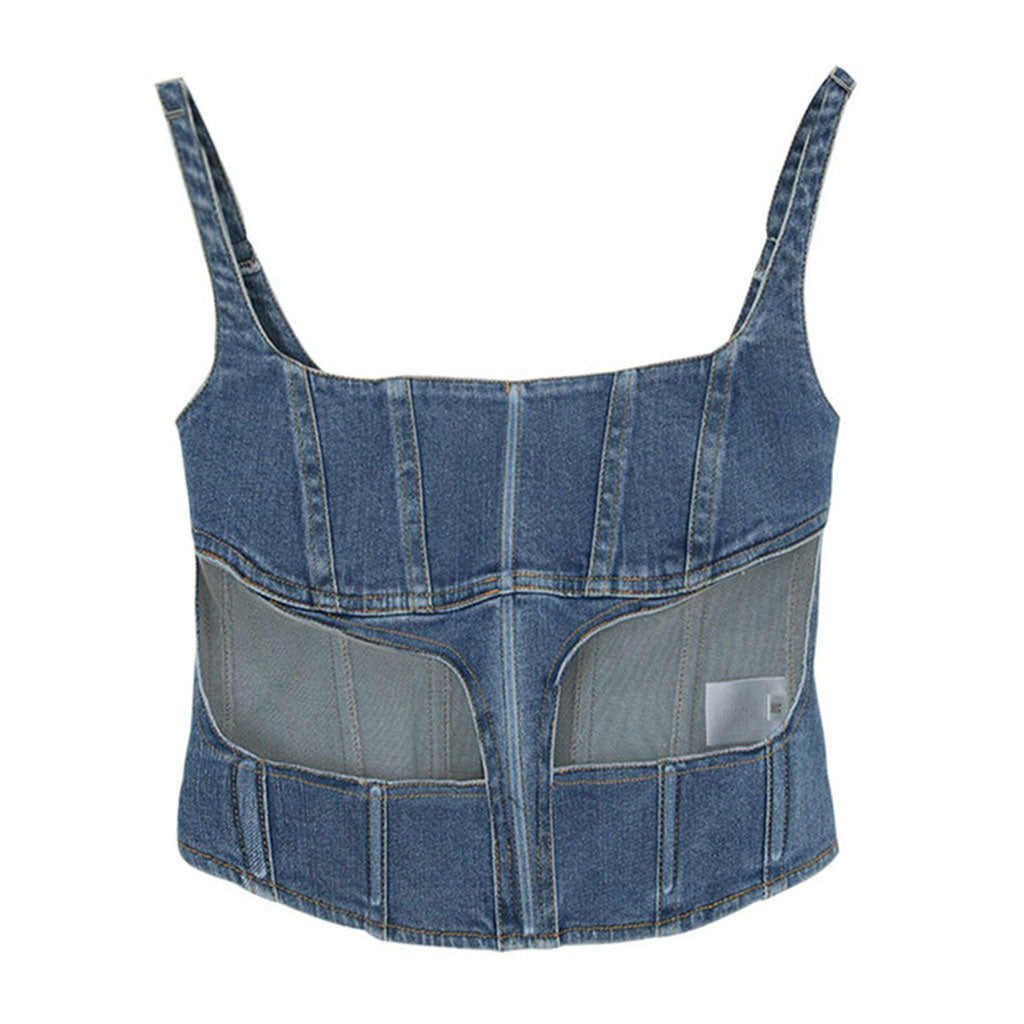 Stilvolles, ärmelloses Denim-Korsett-Crop-Top mit quadratischem Ausschnitt und Tüll-Panel