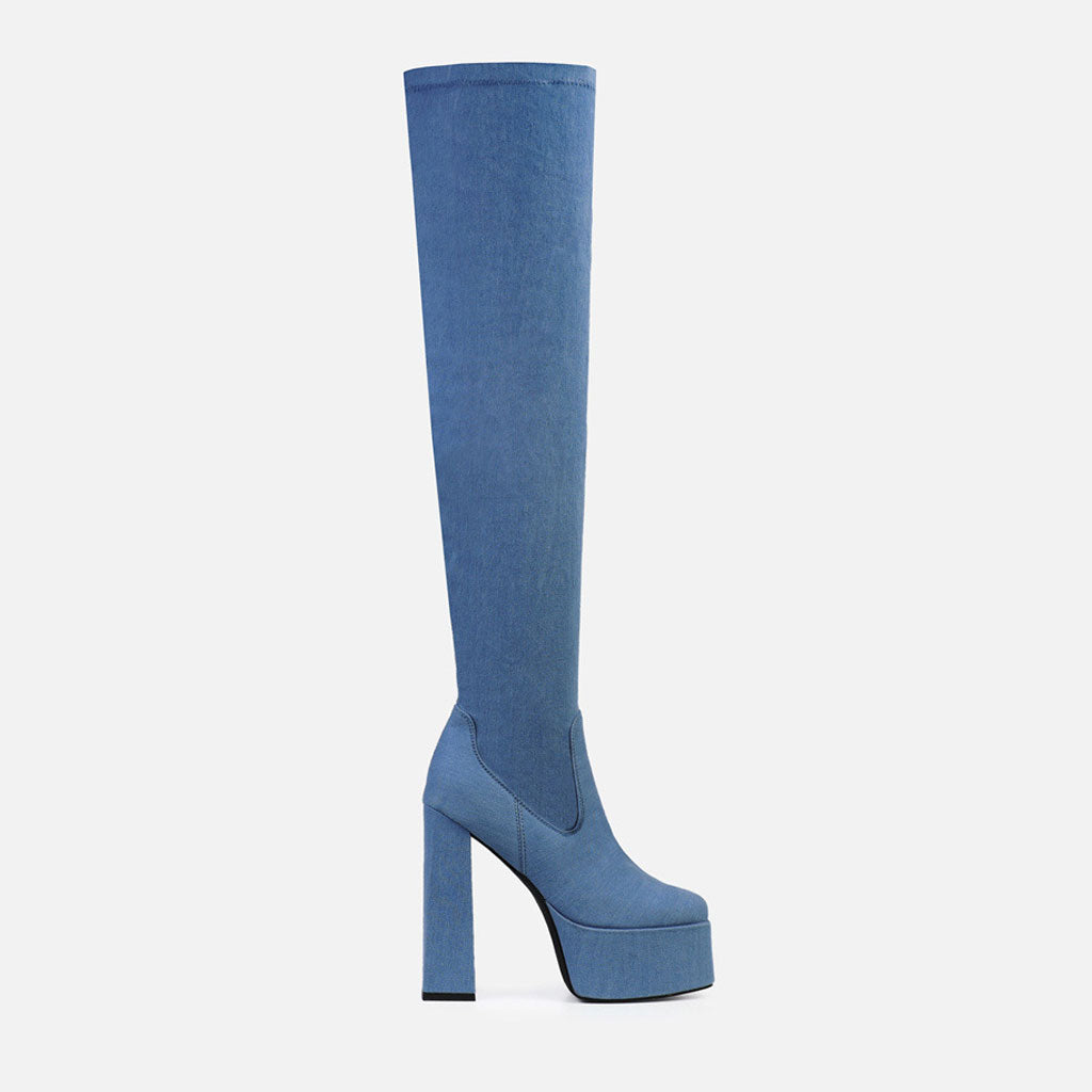 Bottes à talons épais et plateformes au-dessus du genou à bout carré - Bleu denim