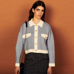 Sweet Contrast Long Sleeve Button Up Crop Knit Cardigan - Dusty Blue