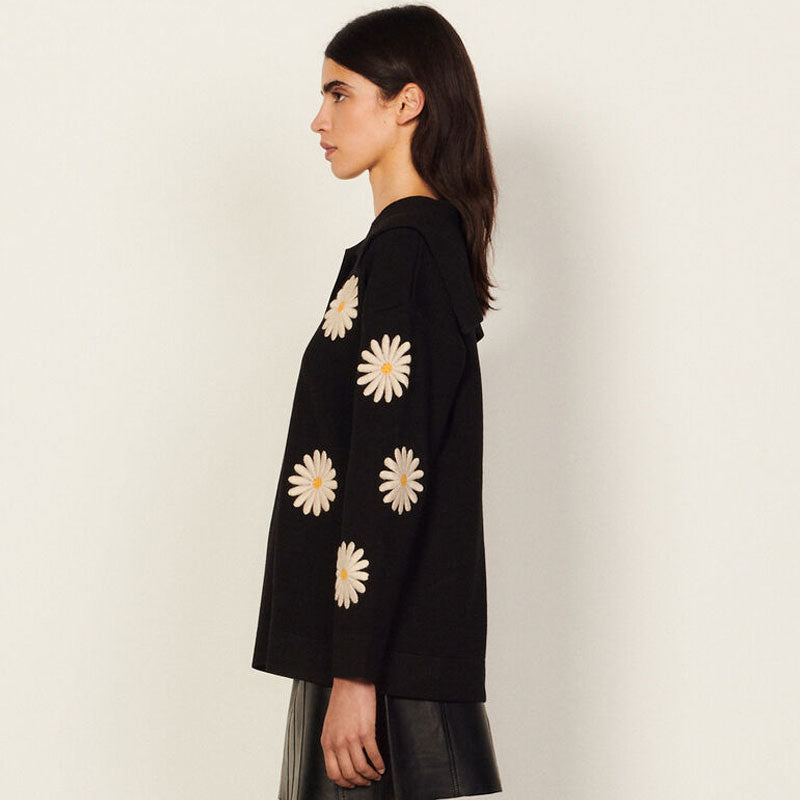 Sweet Daisy Embroidered Oversized Collar Pullover Sweater - Black