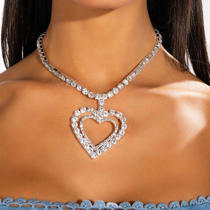 Sweet Double Heart Pendant Crystal Embellished Collar NeckLace - Silver