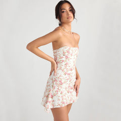 Sweet Floral Strapless Pleated Corset Draped Satin Mini Dress - Pink