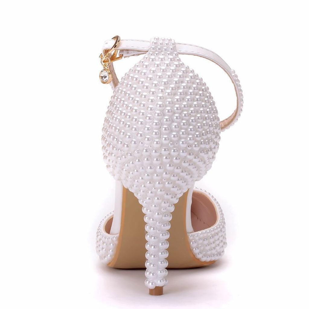 Sweet Pearl Embellished Pointed Toe Ankle Strap Stiletto Pumps - White