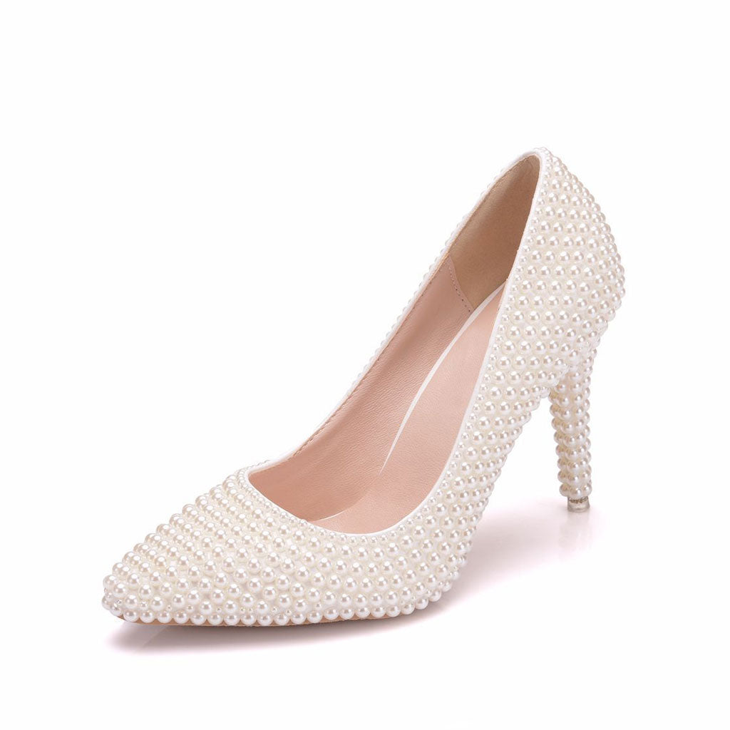 Sweet Pearl Embellished Pointed Toe High Heel Pumps - Beige