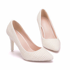 Sweet Pearl Embellished Pointed Toe High Heel Pumps - Beige