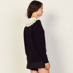 Sweet Peter Pan Collar Deep V Long Sleeve Pullover Sweater - Black