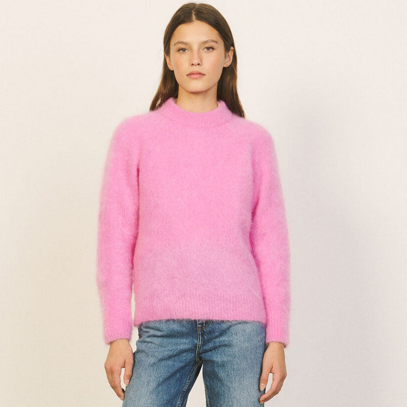 Sweet Round Neck Long Sleeve Mohair Knit Pullover Sweater - Hot Pink