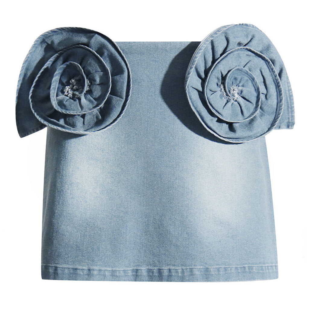 Swirling Rosette Applique Bodycon High Waist Faded Denim Mini Skirt