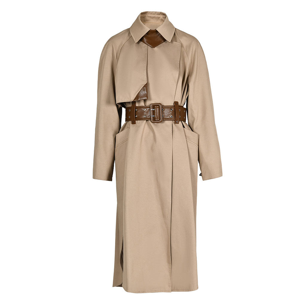 Tasteful Scarf Collared Long Sleeve Belted Cargo Pocket Leather Hybrid Trench Coat