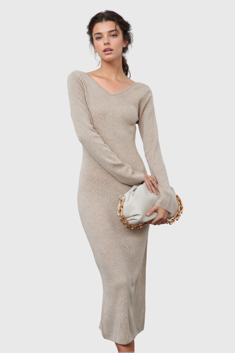 Midi Dress with Back Twist Detail - Beige