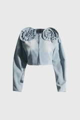 Kurze Jeansjacke mit Blumen - Blau