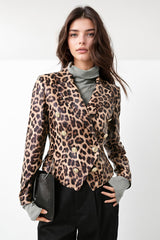 Tailored Double Breasted Blazer in Animal Print - Brown