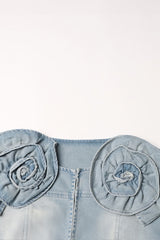 Kurze Jeansjacke mit Blumen - Blau