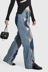 High Waisted Jeans with Spiral Cuts - Blue