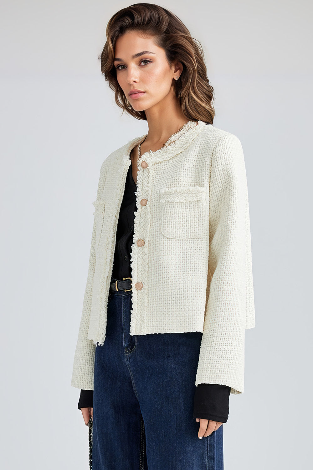 Textured Jacket with Buttons - White