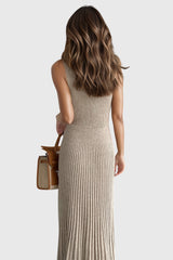 Sleeveless Ribbed Midi Dress - Beige