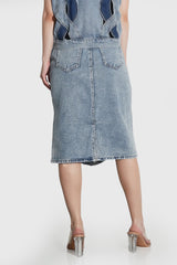 Denim Midi Skirt with Cuts - Blue