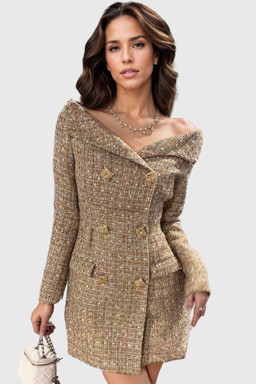 Tweed Double Breasted Dress - Gold