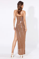 Rhinestone Embellished Midi Dress with High Cut - Brown