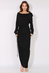 Ruched Long Sleeve Dress - Black