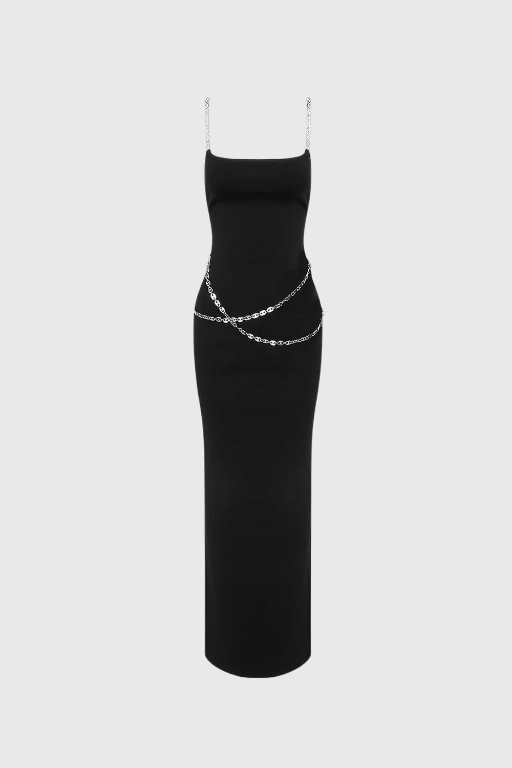 Fitted Midi Dress with Waist Chains - Black