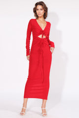 Midi Dress with V Neckline and Front Cut - Red