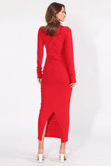 Midi Dress with V Neckline and Front Cut - Red