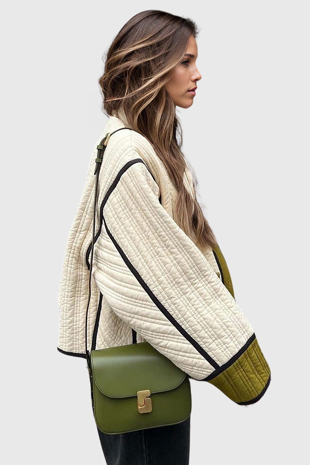 Kurze geknöpfte Jacke aus strukturiertem Stoff - Grün