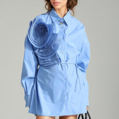 BLUE BUTTON-DOWN SHIRT with FLowER