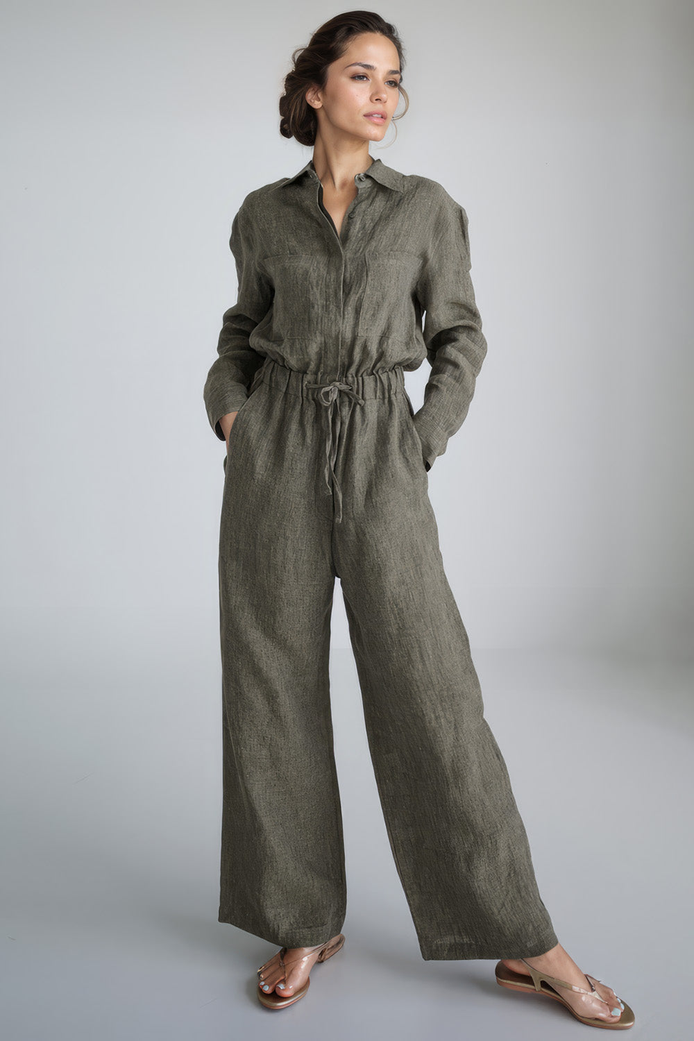 Langer Jumpsuit mit elastischer Taille - Dunkelgrün