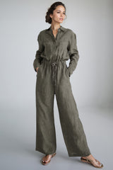 Long Jumpsuit with Elastic Waist - Dark Green