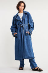 Denim-Trenchcoat mit Gürtel - Blau
