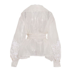 Transparent Shawl Collar Tie Belt Lantern Sleeve Floral Organza Blouse