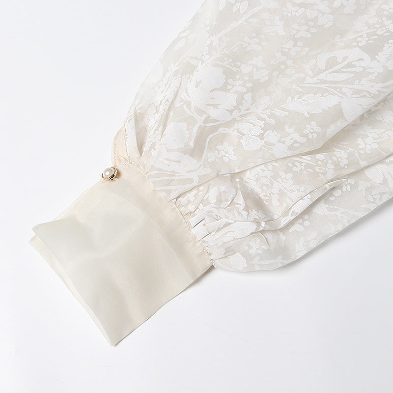 Transparent Shawl Collar Tie Belt Lantern Sleeve Floral Organza Blouse