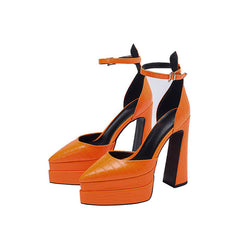 Trendy Croc Effect Pointed Toe Platform Chunky Heel Pumps - Orange