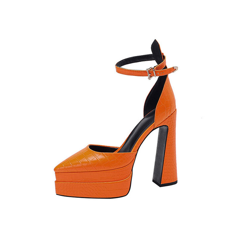 Trendy Croc Effect Pointed Toe Platform Chunky Heel Pumps - Orange