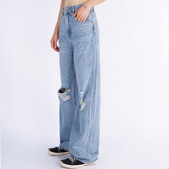 Trendy High Rise Fade Ripped Straight Wide Leg Jeans - Hellblau