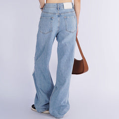 Trendy High Rise Fade Ripped Straight Wide Leg Jeans - Light Blue