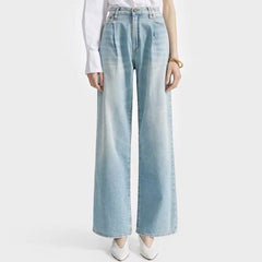 Trendy High Waist Fade Detail Plissee Wide Leg Jeans - Verblasstes Blau