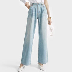 Trendy High Waist Fade Detail Plissee Wide Leg Jeans - Verblasstes Blau