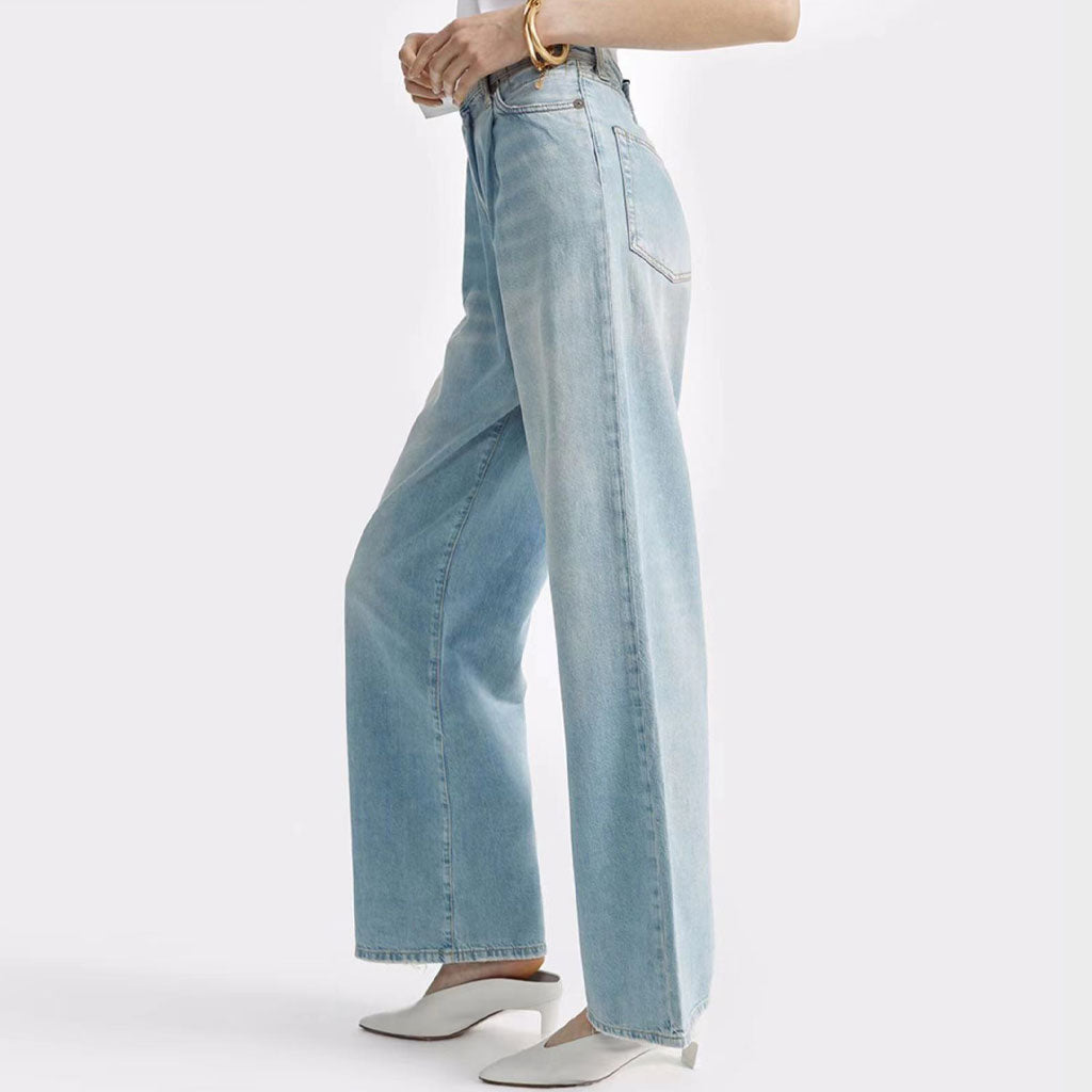 Trendy High Waist Fade Detail Plissee Wide Leg Jeans - Verblasstes Blau