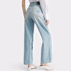 Jean large plissé à taille haute tendance avec détails décolorés - Bleu délavé