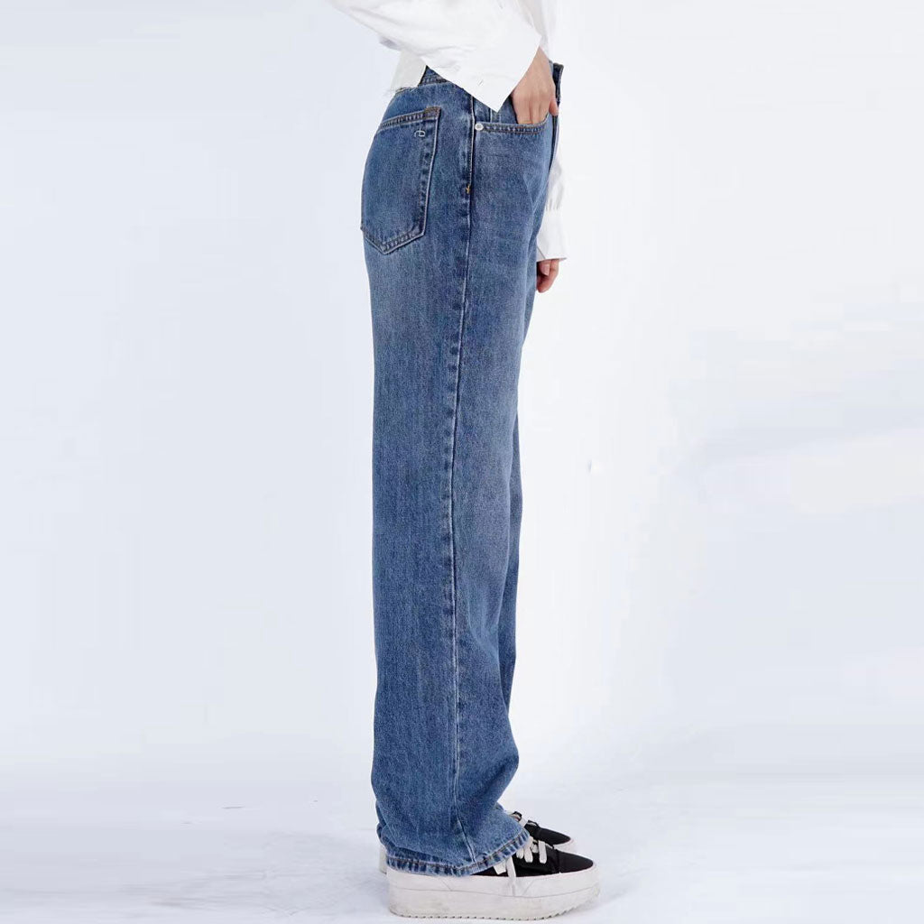 Trendy Mid Rise Fade Detail Straight Wide Leg Jeans - Mittelblau