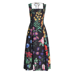 Tropical Crystal Studded Floral Print Tie Back Square Neck Fit and Flare Midi SunDress