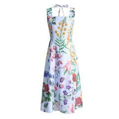 Tropical Crystal Studded Floral Print Tie Back Square Neck Fit and Flare Midi SunDress